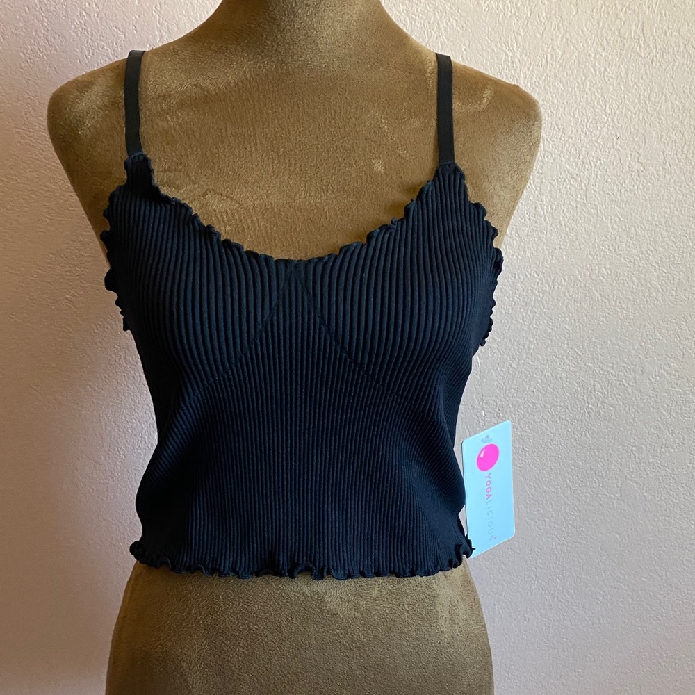 YOGA LICIOUS Black Ribbed Lettuce-Edge Camisole Top